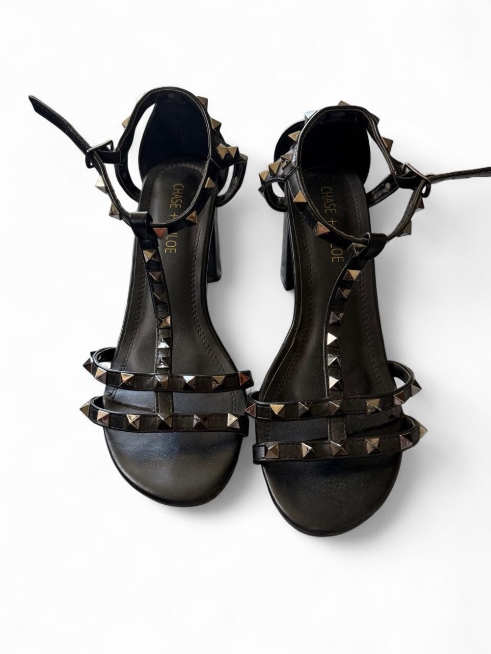 Chase + Chloe Black Pyramid Stud T-Strap Block Heels
